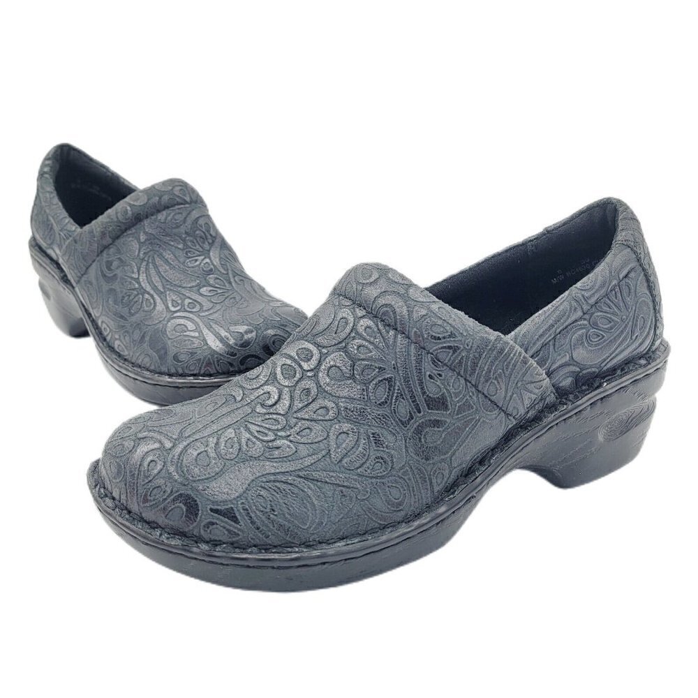 Black Embossed Leather Comfort Clogs - Women